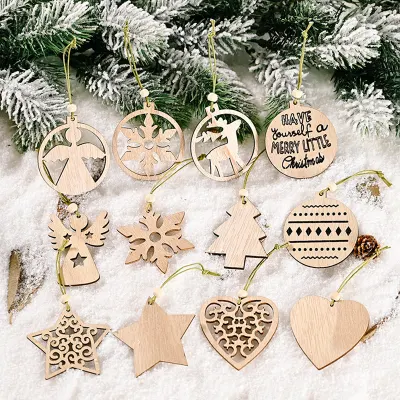 12 pezzi/scatola pendenti in legno di Natale albero di Natale ornamenti appesi artigianato in legno fai da te per decorazioni domestiche di Capodanno per feste di Natale