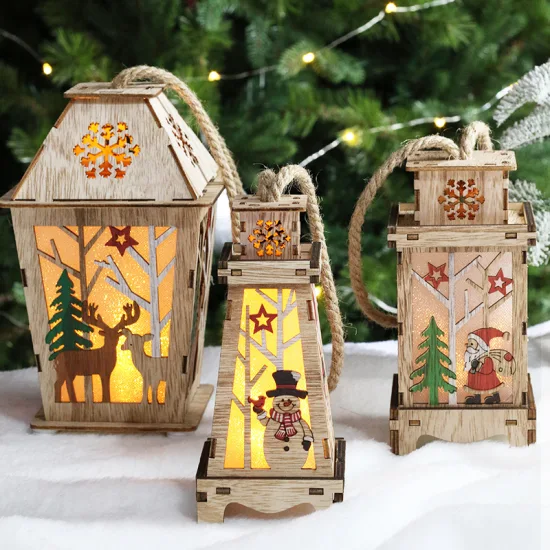 Decorazioni natalizie in legno, mini lanterne a candela, ornamenti nuziali, illuminazione a LED, capanna in legno, artigianato, regali di Natale